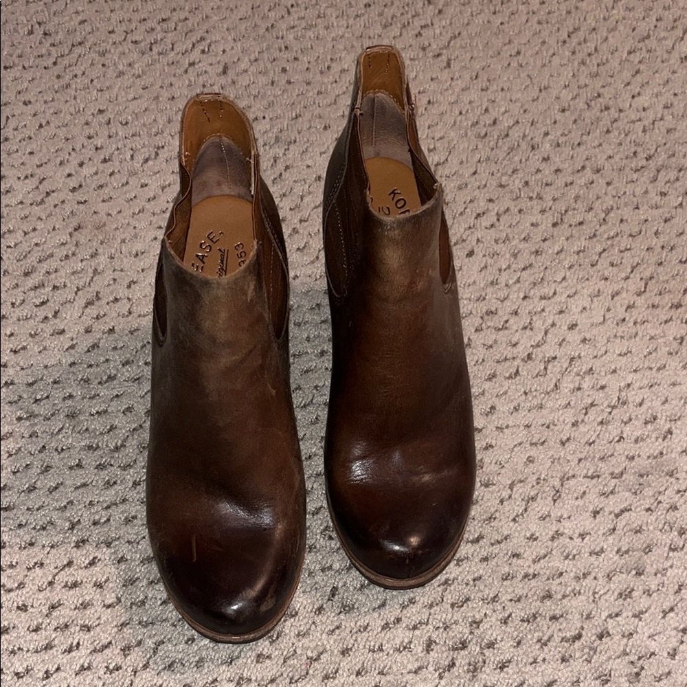 Kork-Ease Brown Leather Ankle Booties with Elastic Panels